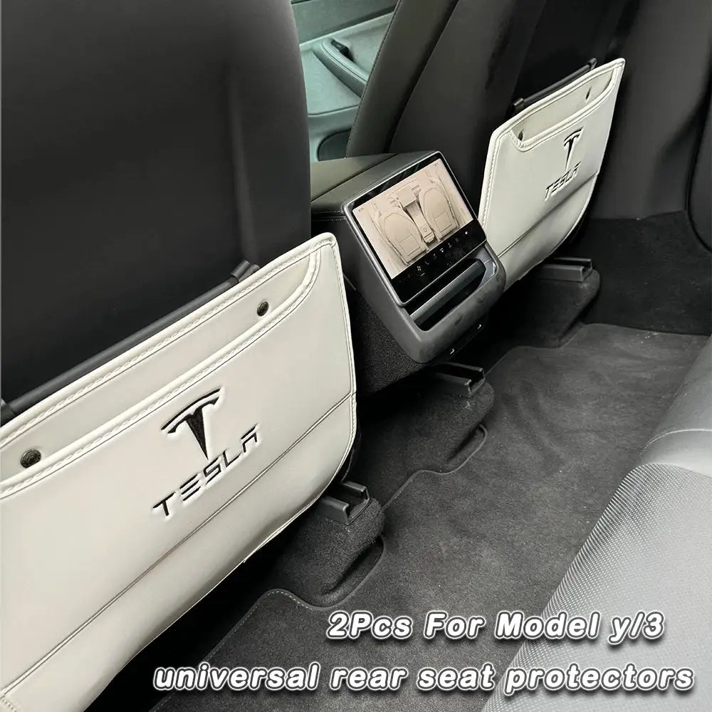 2pcs Tesla seatback protectors for Model Y/3, white leather with Tesla logo, universal fit, backseat organizers