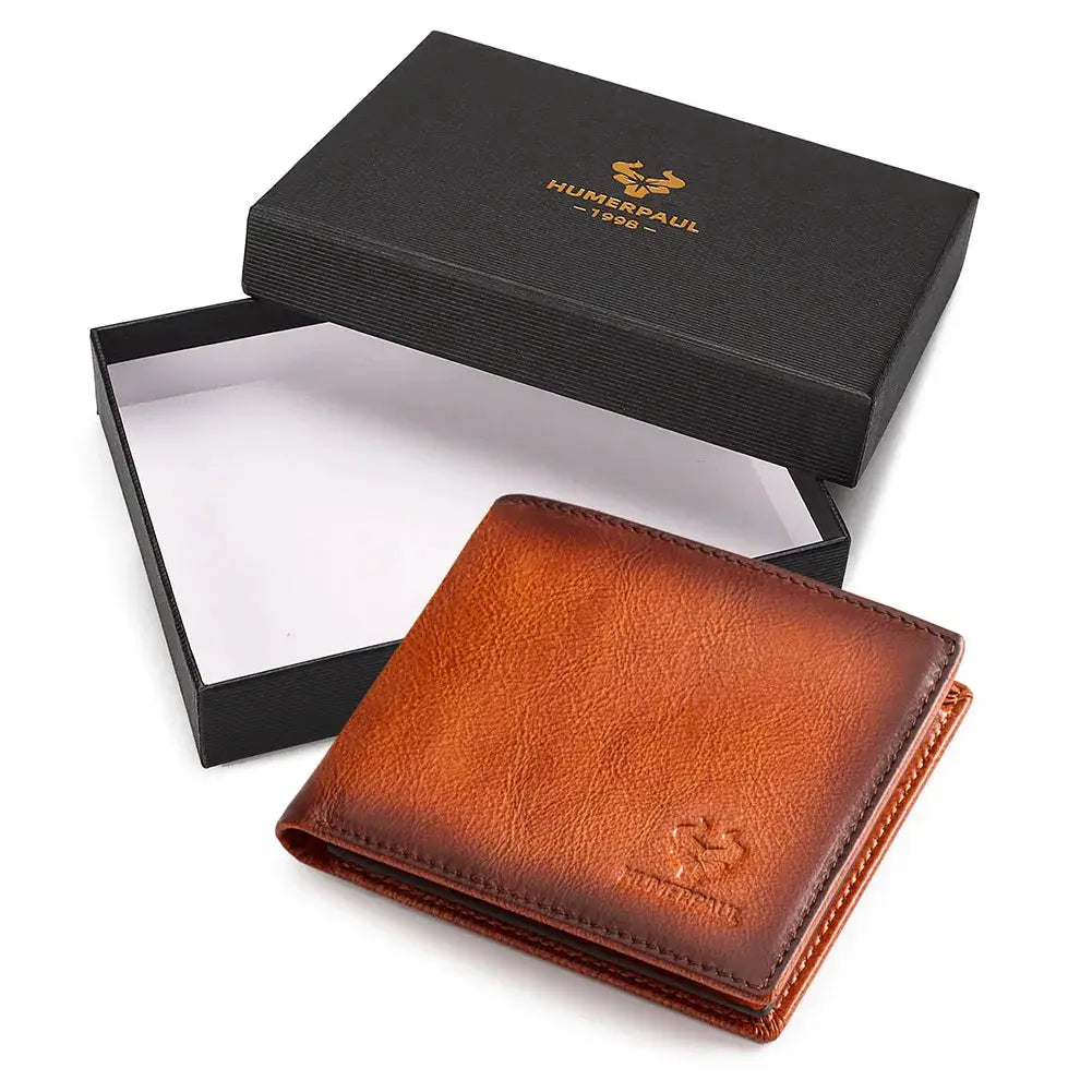 HUMERPAUL leather wallet with ID window, brown genuine leather RFID card holder in a boxed presentation