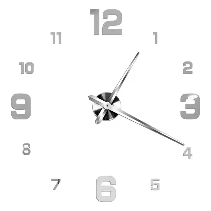 Large wall clock with 3D silver acrylic mirror numerals and metal hands for modern living room decor