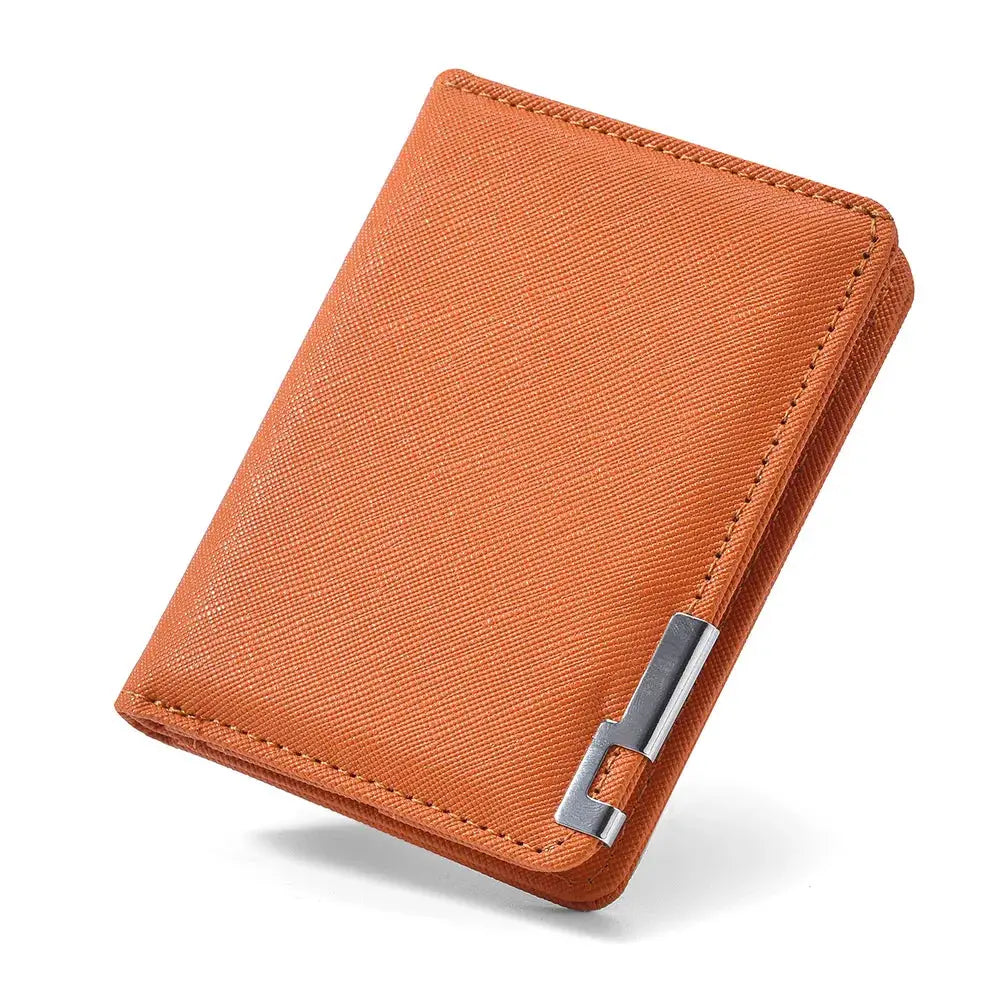 Small black faux leather slim business wallet with multiple card slots and driver's license holder.