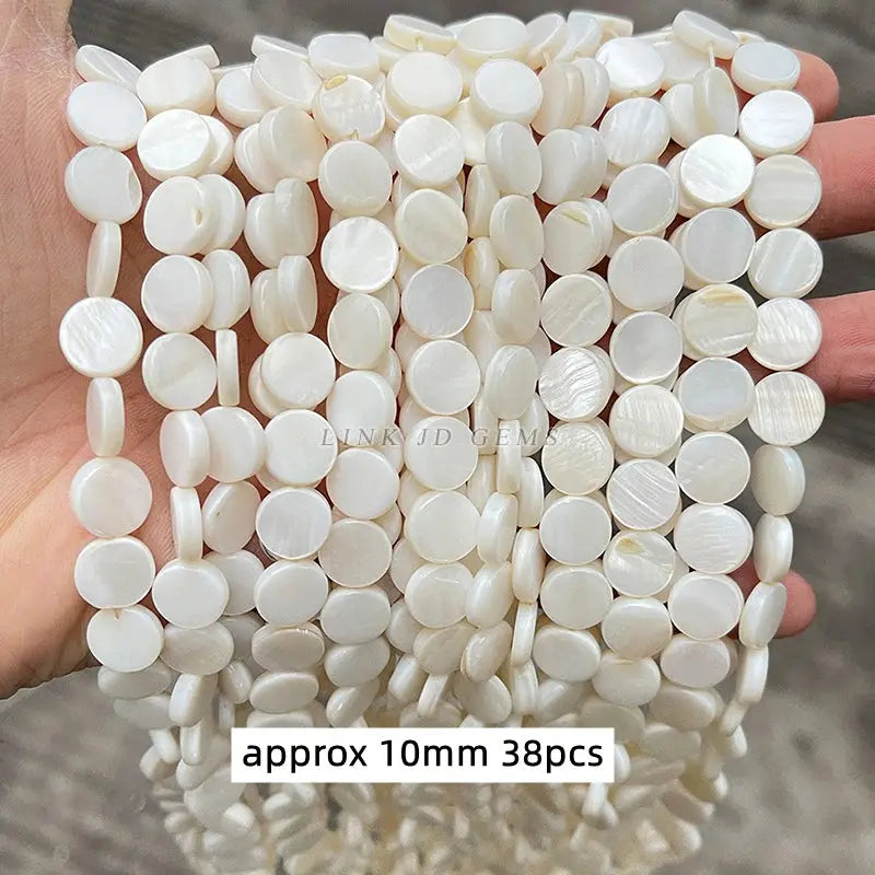 Natural shell beads, white round discs with a smooth mother-of-pearl finish, approx 10mm, 38pcs for jewelry making