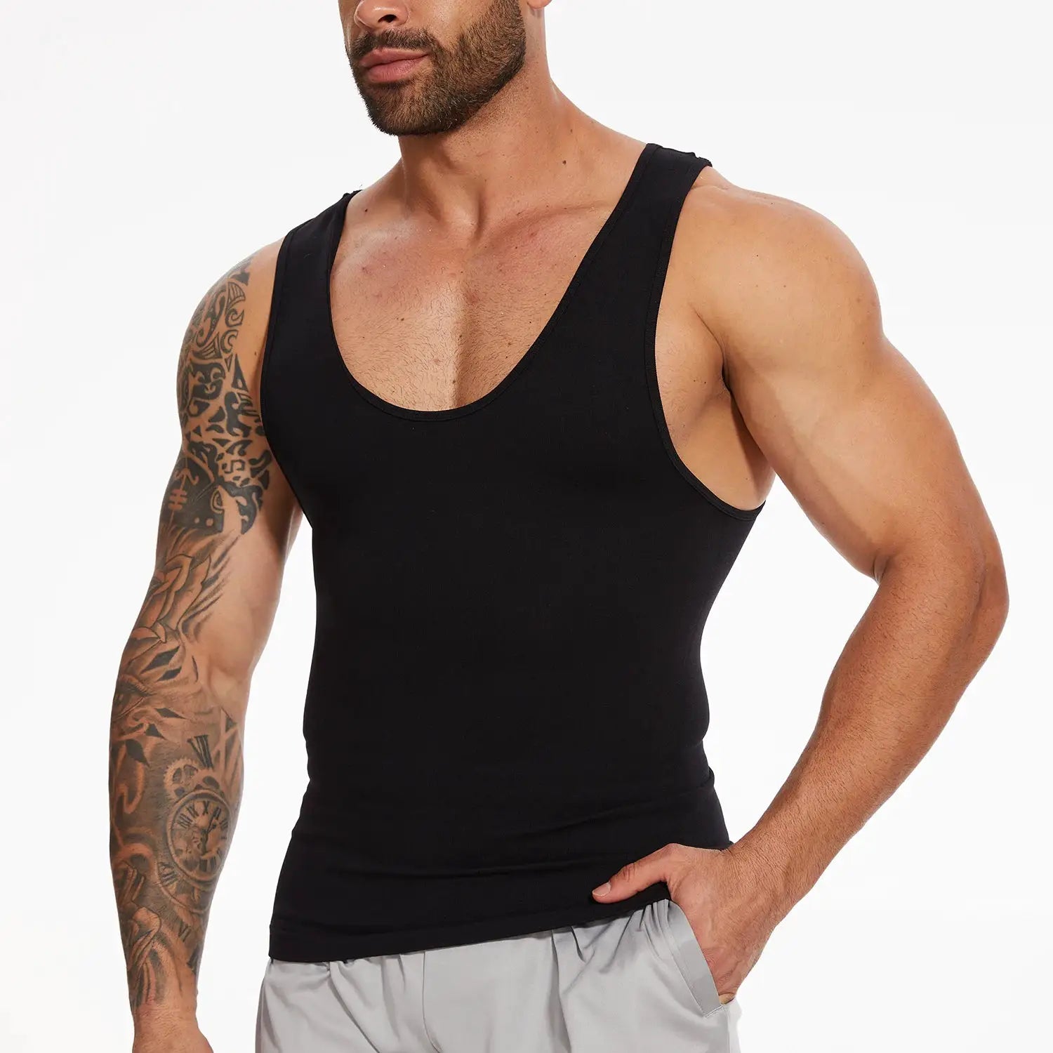 Men's black shapewear compression tank top, fitted body shaper