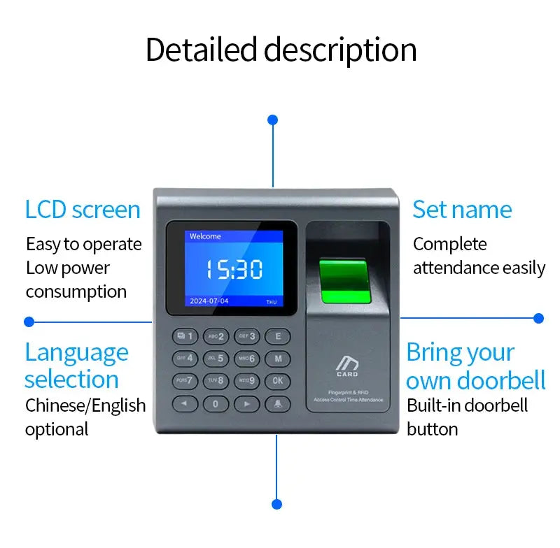 Biometric fingerprint scanner RFID access control system by Simples Market, gray device with LCD screen and keypad