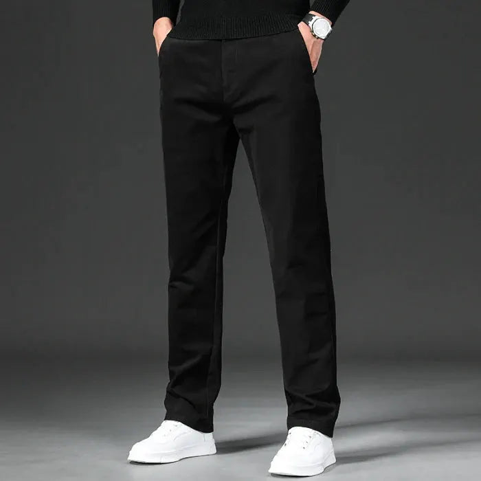 Men's straight-fit cotton-stretch chinos in black, casual workwear pants.