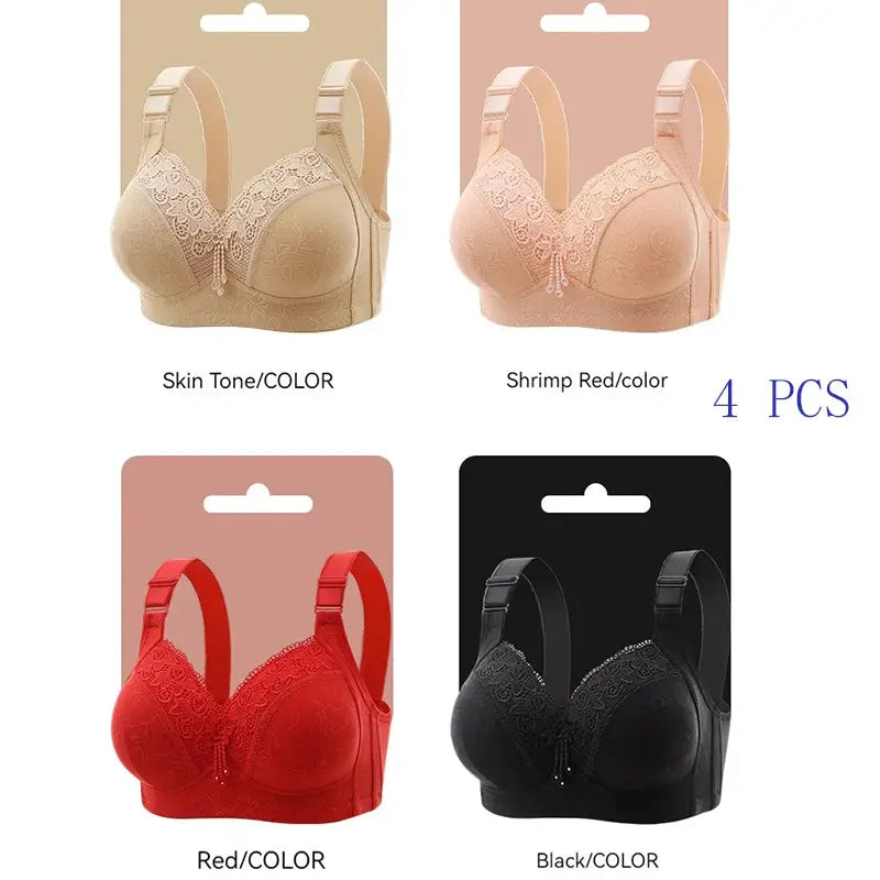 Simples Market Womens lace bralette set, 4-piece in skin tone, shrimp red, red, black