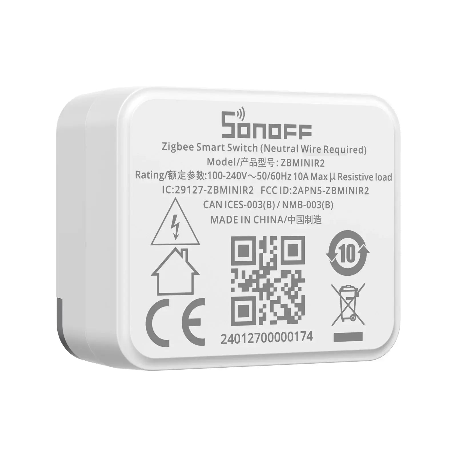 SONOFF ZBMINIR2 Zigbee Smart Switch module, white, neutral-wire required; model ZBMINIR2