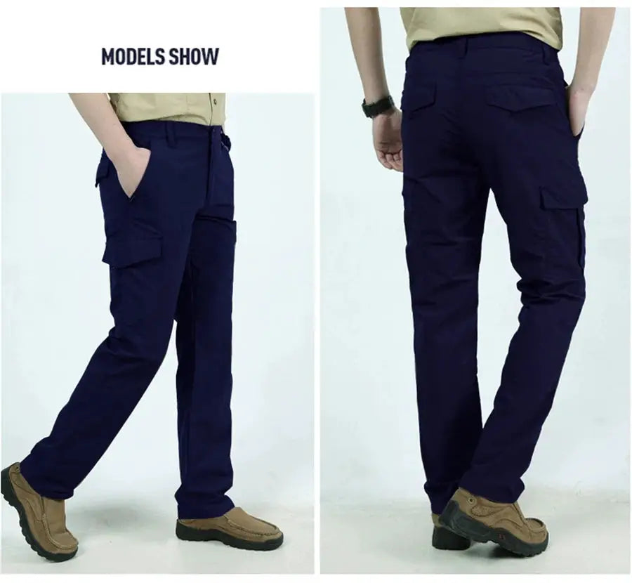 Men's tactical cargo pants, navy blue, waterproof quick-dry fabric with pockets