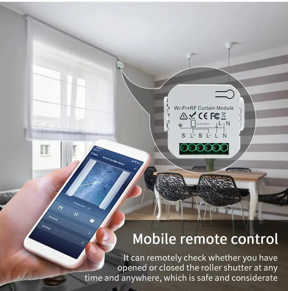 Tuya WiFi Curtain Switch module; Simples Market white smart controller for roller blinds with RF remote
