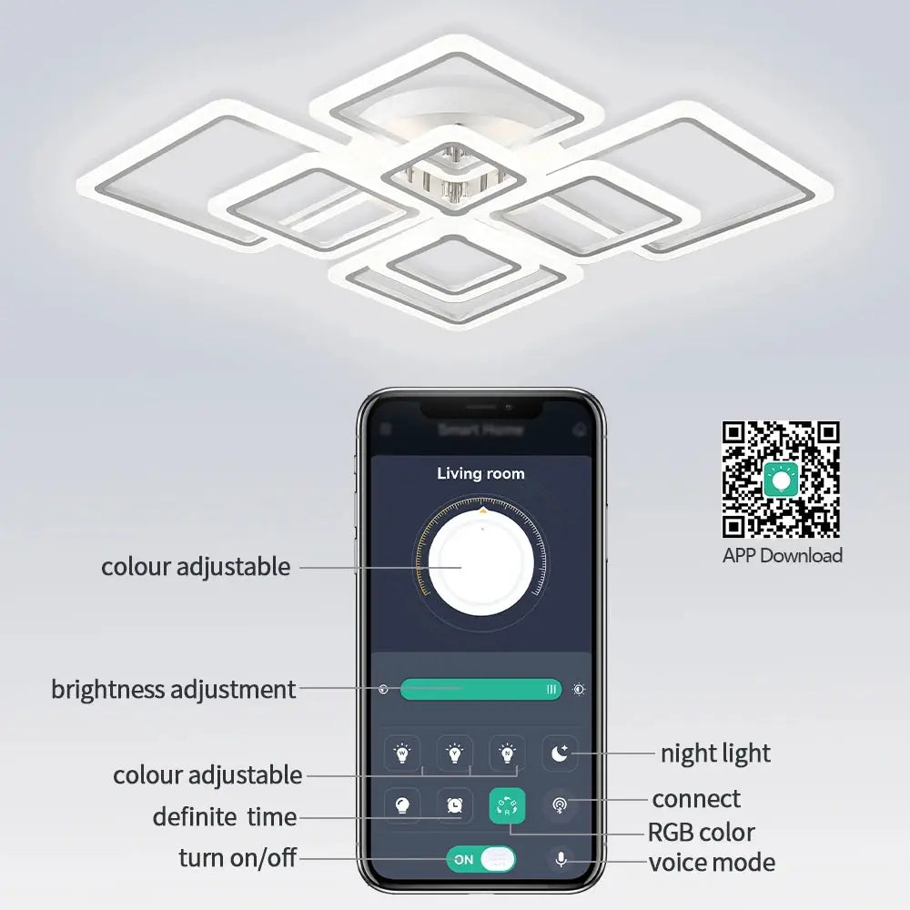 Simples Market Nordic square LED pendant light; RGB color-adjustable ceiling chandelier for bedrooms, living spaces.