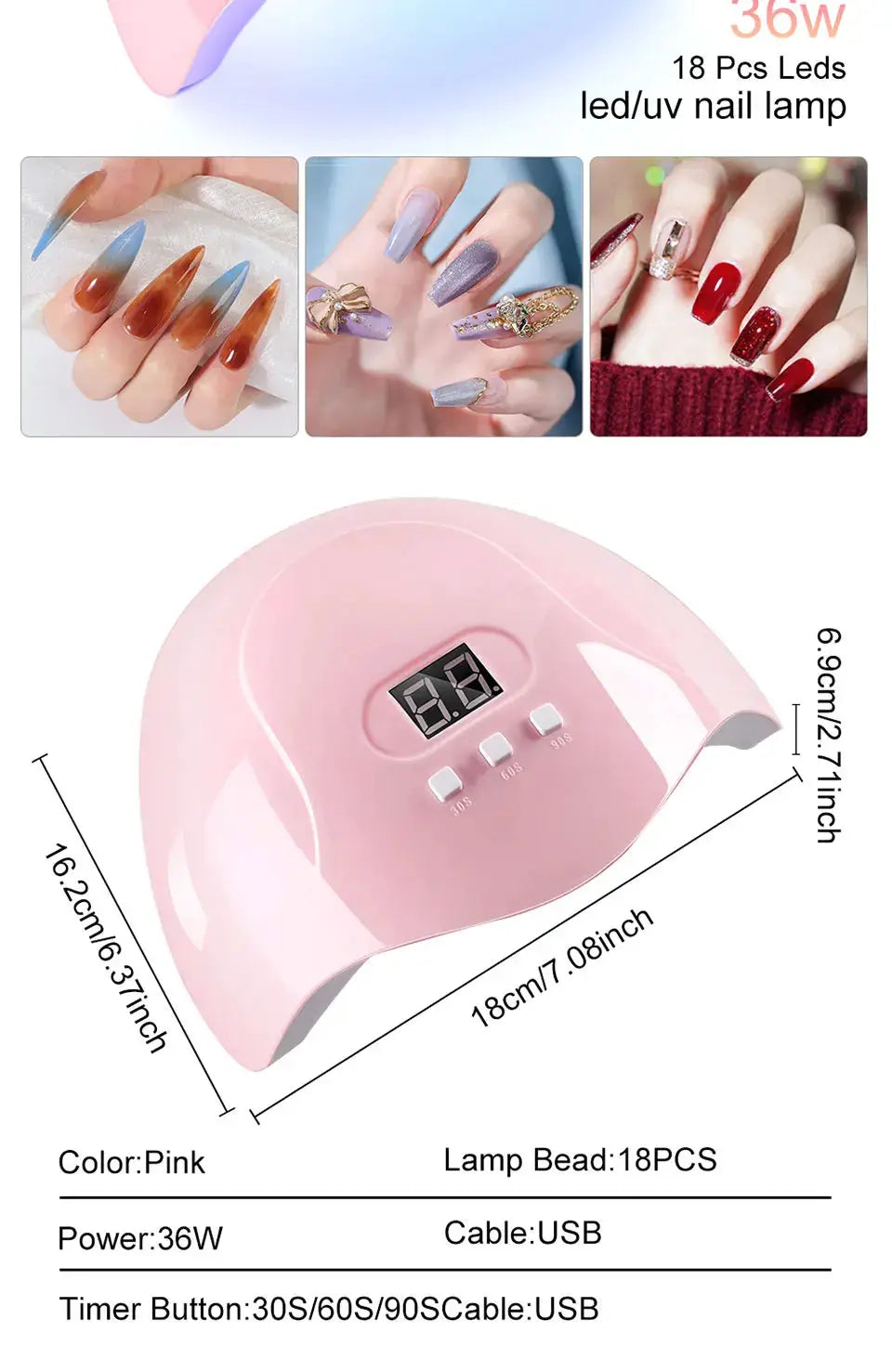LIMEGIRL gel nail polish kit with pink 36W UV LED lamp and 18 LED beads for gel manicures