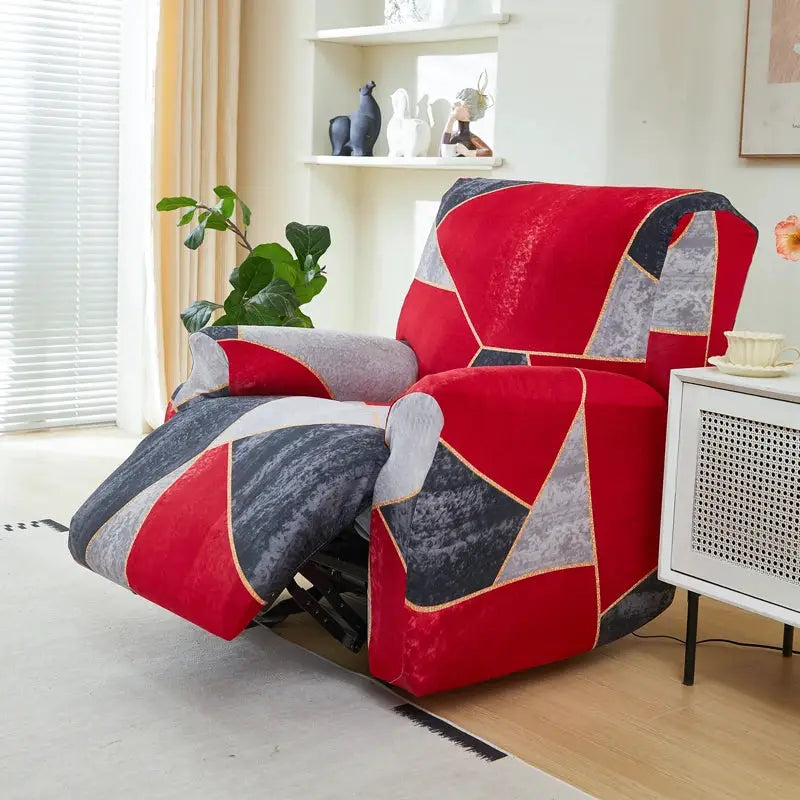 Stretch recliner cover in red and gray geometric patchwork; protects recliner chairs from kids and pets.