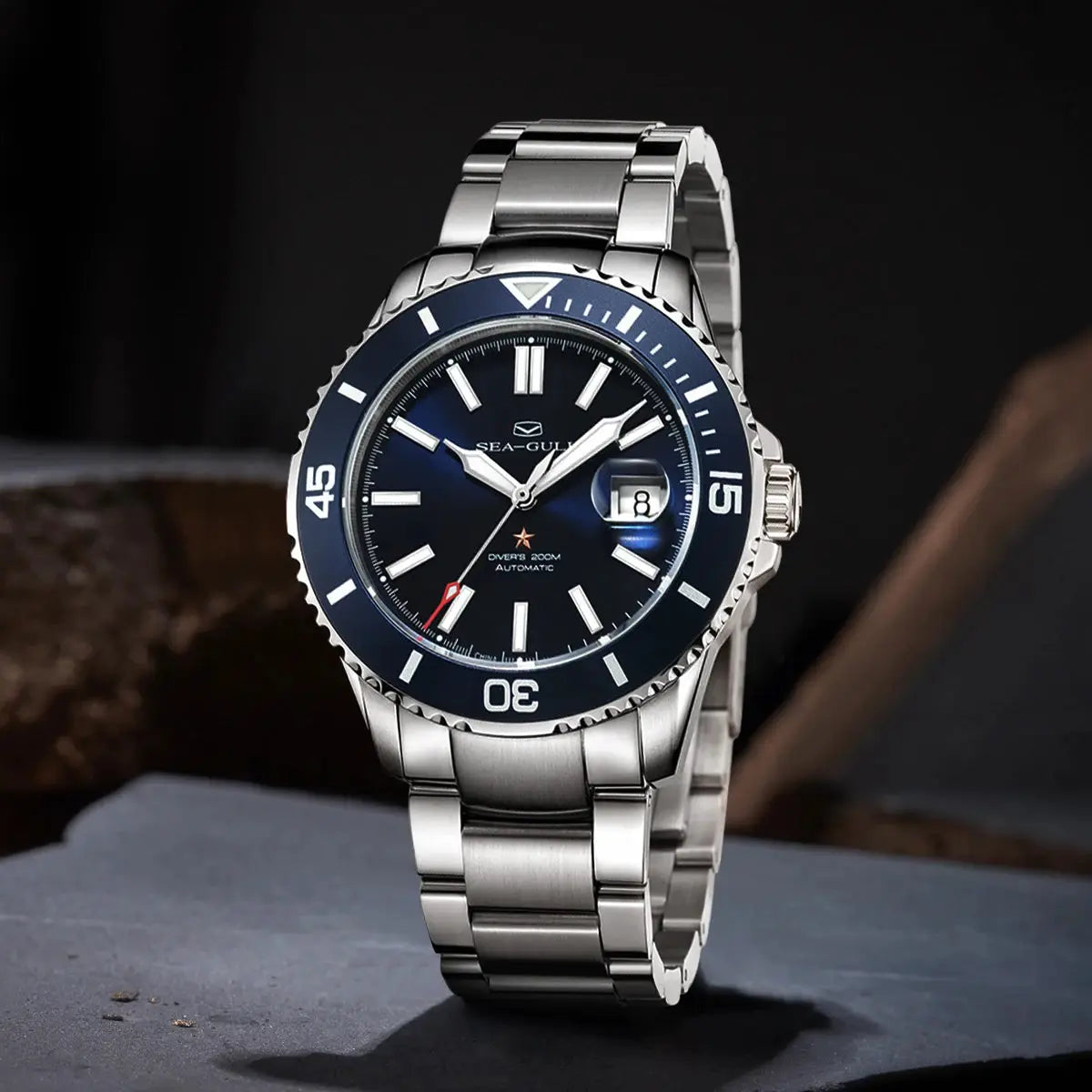Sea-Gull men's diver watch, blue dial, stainless steel bracelet.