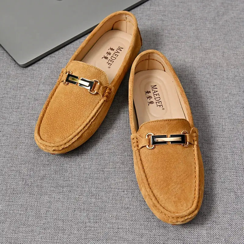 YRZL men's tan suede loafers with metal horsebit, slip-on driving moccasins (pair)