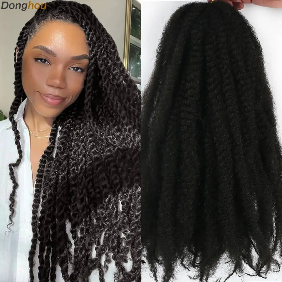 Marley Hair 18in synthetic braiding hair, ombre black/brown/blonde/grey; shown on model and as a hair bundle.