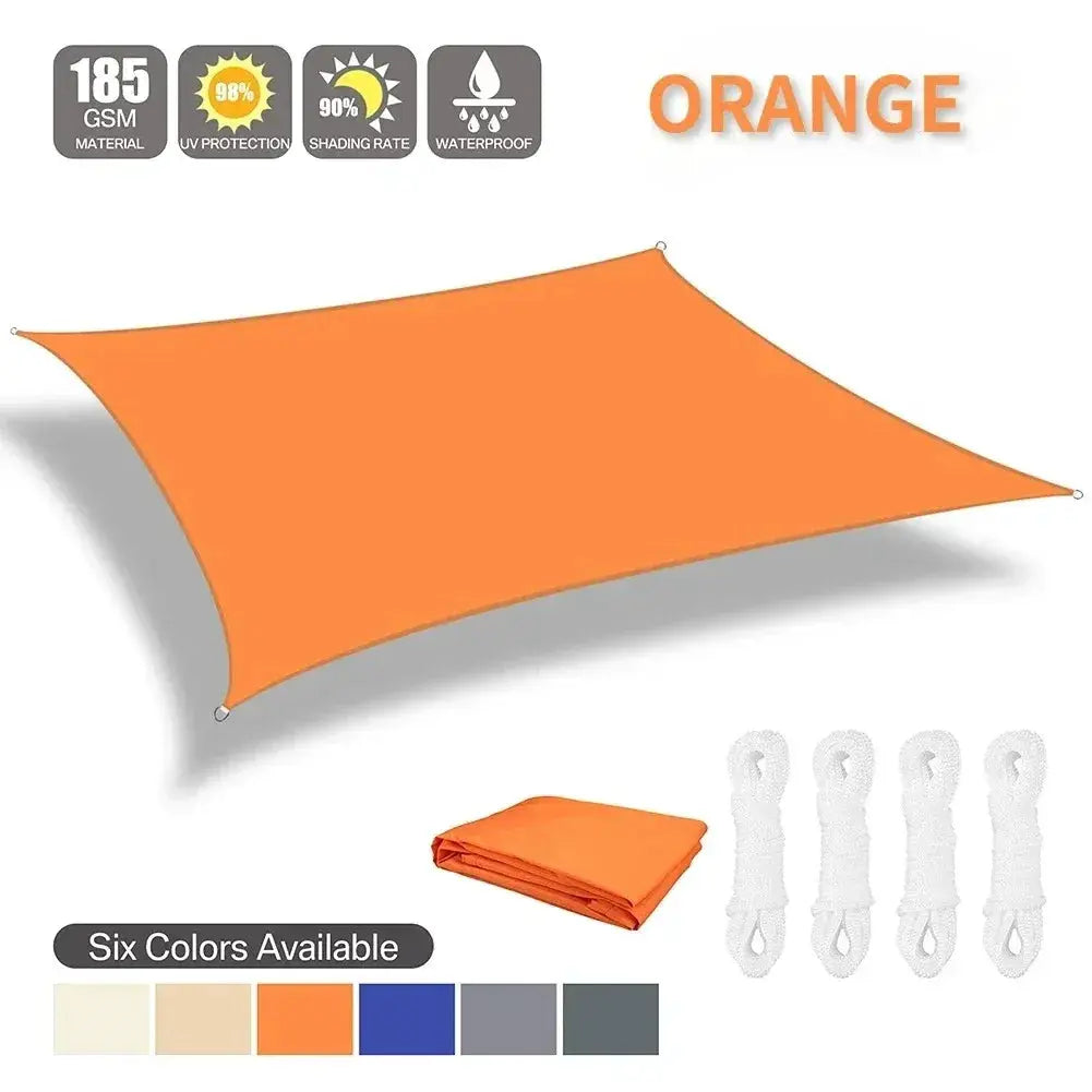 Orange sun shade sail, waterproof outdoor canopy in sizes 2x3–5x6 m with four mounting ropes; six color options.