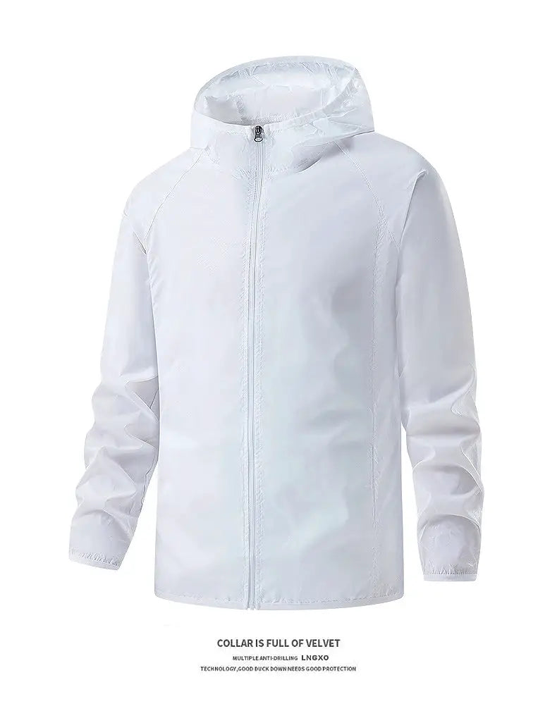 LNGXO unisex white waterproof hiking jacket with hood and full-zip front