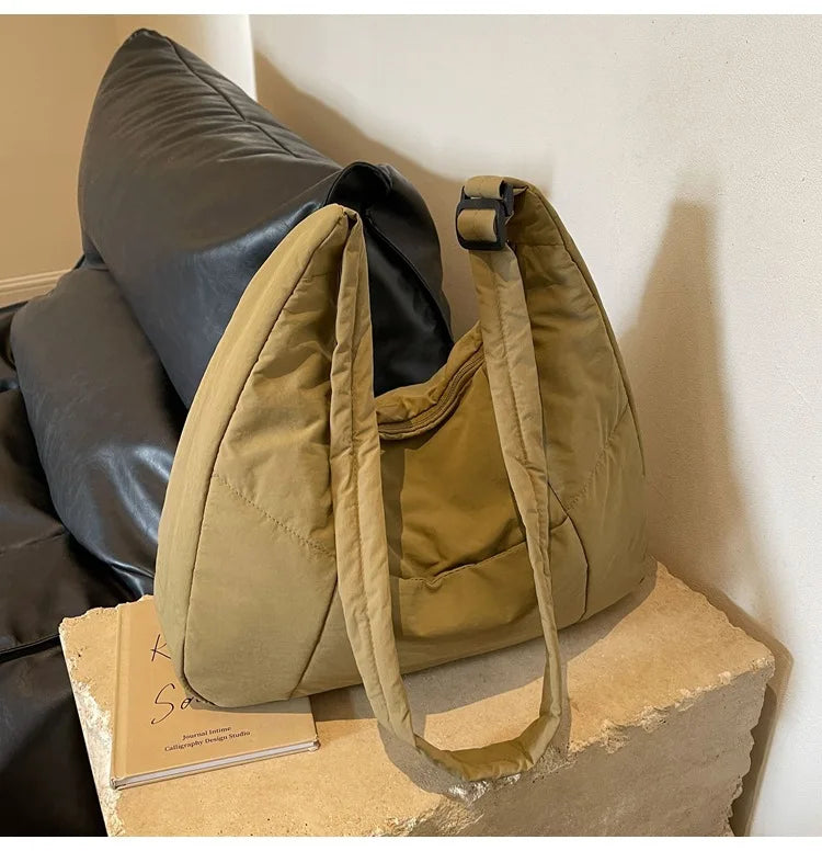 Trendy women's soft cloth shoulder bag in khaki by Simples Market; large crossbody tote.