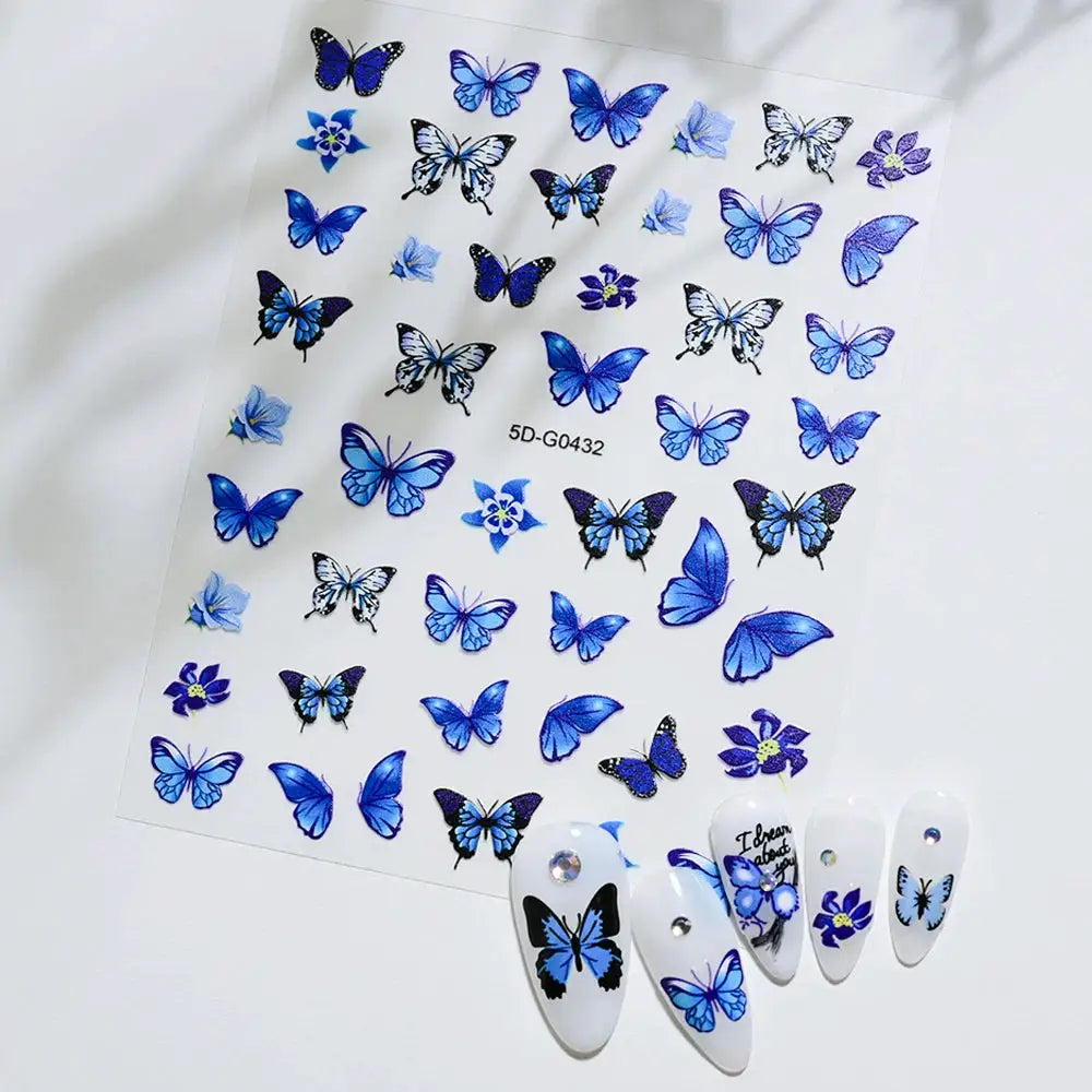 Simples Market 5D butterfly nail sticker sheet with blue butterfly decals and floral accents for manicure