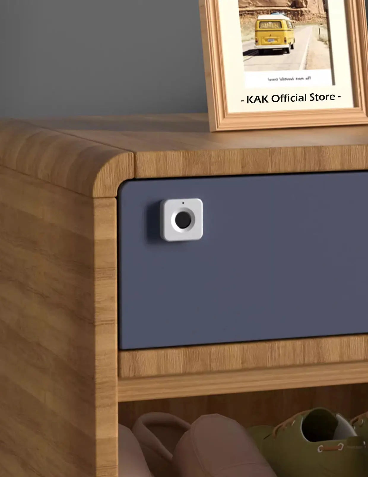 KAK biometric fingerprint lock for furniture on a blue drawer front; white square lock with circular sensor.
