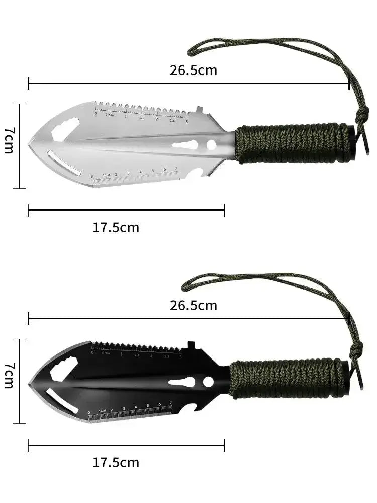 Simples Market two handheld sapper shovels in silver and black with paracord lanyards; stainless steel