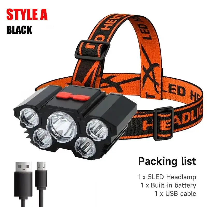 TrailBright 5 LED Rechargeable Headlamp With Built In Battery And USB Charging Waterproof For Outdoor Adventures