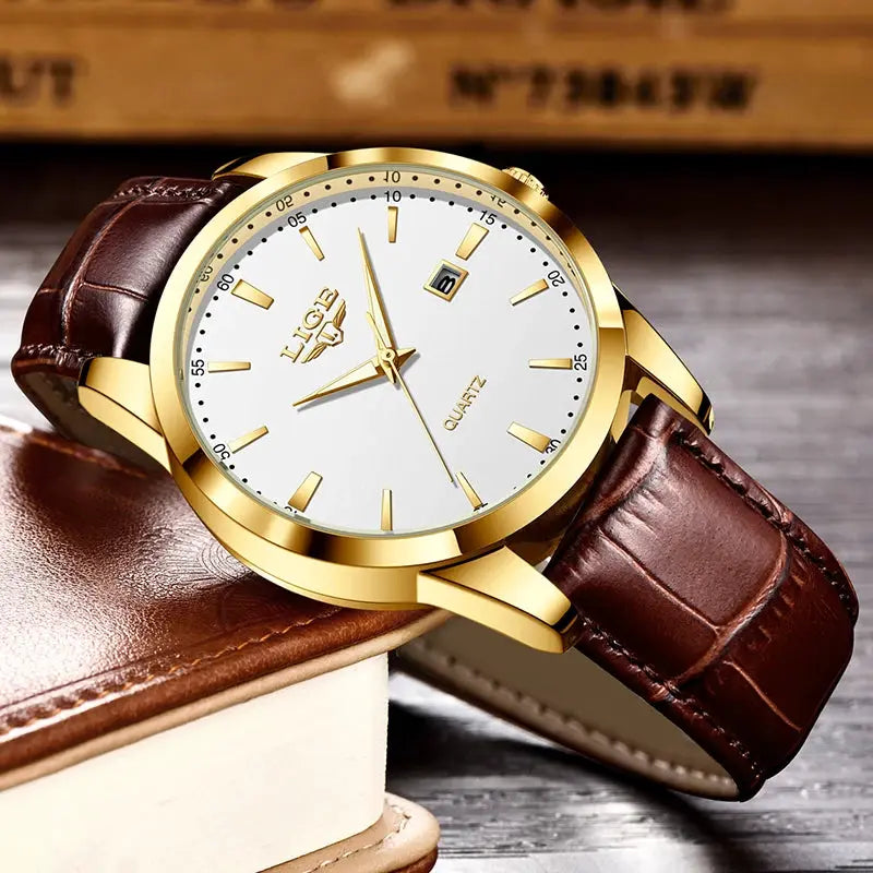 LIGE men's gold-tone quartz watch with brown leather strap, white dial and date window.