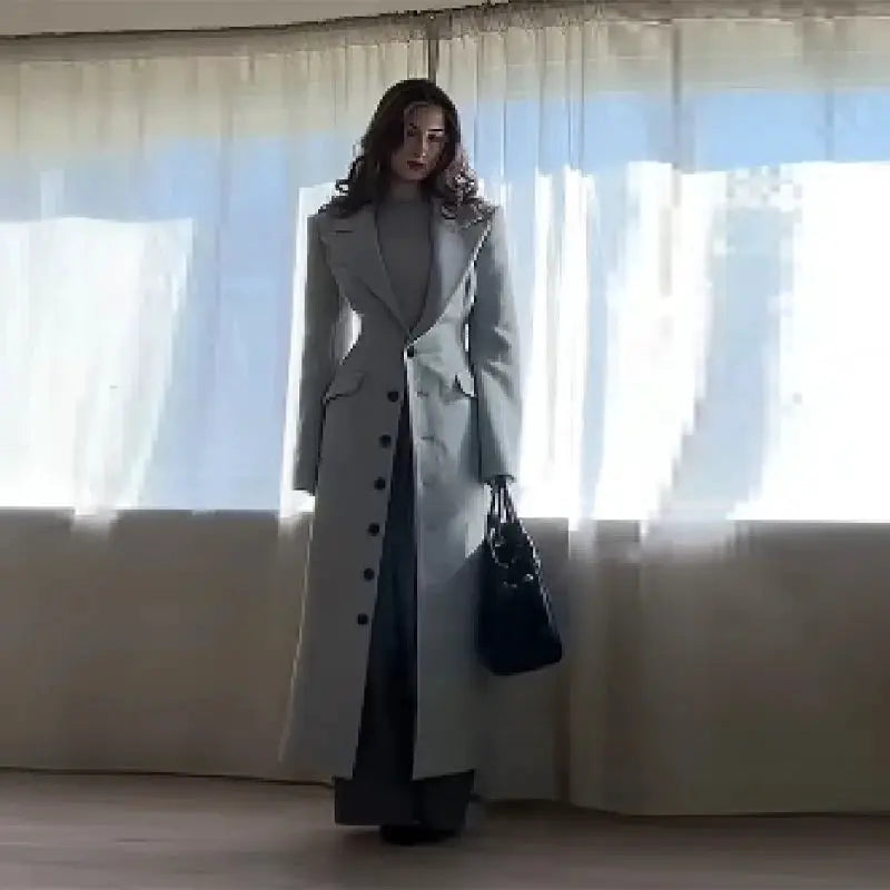 UrbanEdge Belted Long Coat With Slim V Neck And Shoulder Pads For Winter Comfort And Flattering Silhouette