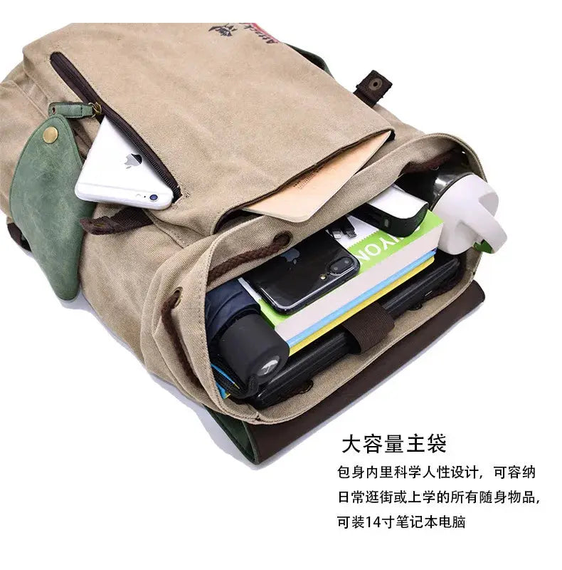 Simples Market beige canvas backpack with Attack on Titan design; packed with 2 phones, notebooks, wallet, water bottle