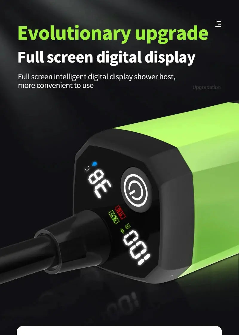 Camping shower pump by Simples Market with full-screen digital display, green and black, 6000mAh.