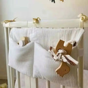 Two Pocket Baby Bedside Hanging Storage Bag Attaches to Crib Stroller Breathable Cotton Organizer for Diapers and Toys