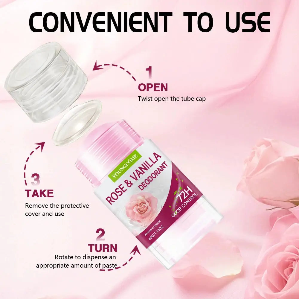 Deodorant stick Rose & Vanilla by Youngome; pink and white tube with 72h odor control