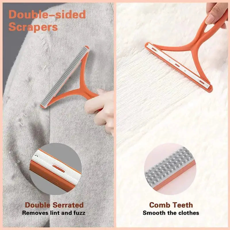 Orange silicone double-sided lint remover tool for pet hair and clothes, with comb teeth and smooth scraping side.