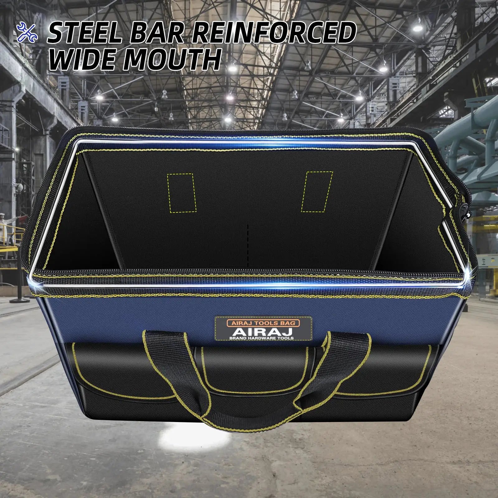AIRAJ Multifunctional Tool Bag in black 1680D Oxford cloth with yellow stitching; waterproof and wear-resistant.