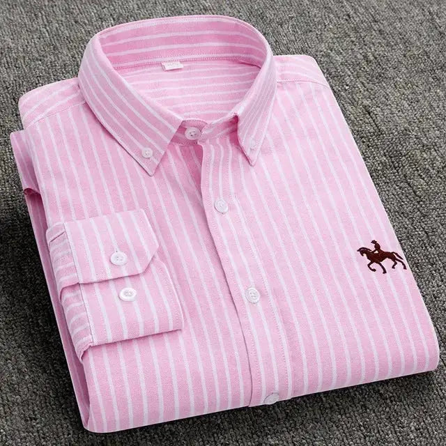 Casual pink striped cotton Oxford shirt for men, long sleeves with horse embroidery.