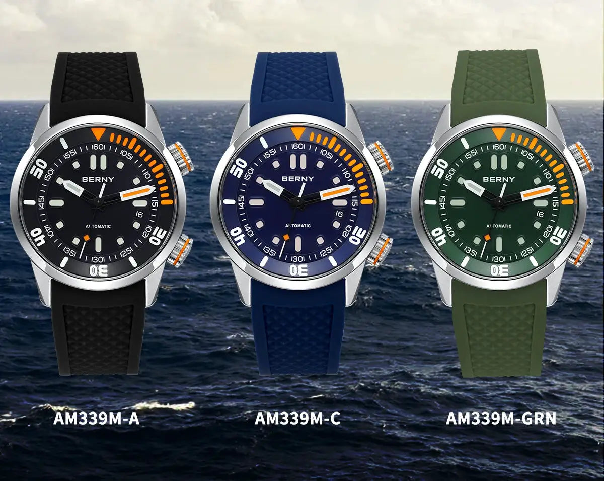 Three BERNY automatic dive watches for men in black, blue, and green with orange bezel accents