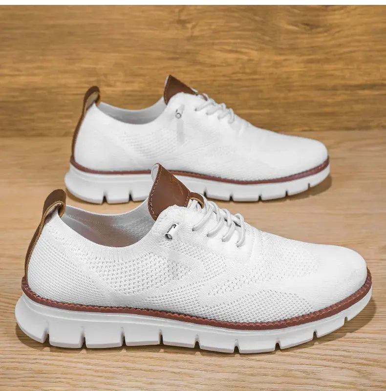 Men's white mesh loafers by Simples Market with brown trim, breathable non-leather casual shoes