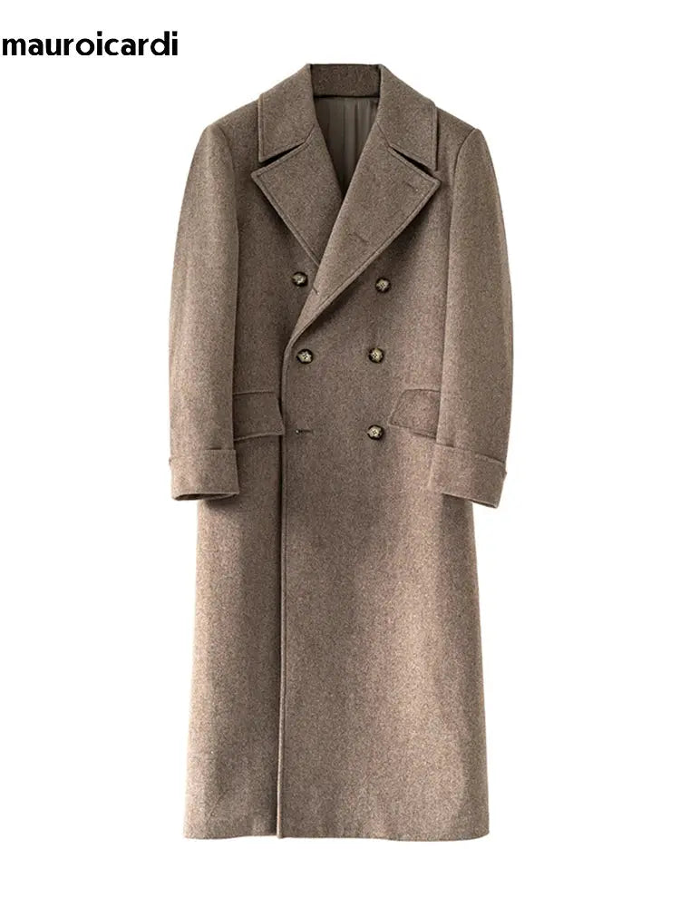 Mauroicardi men's long double-breasted wool-blend overcoat in brown taupe