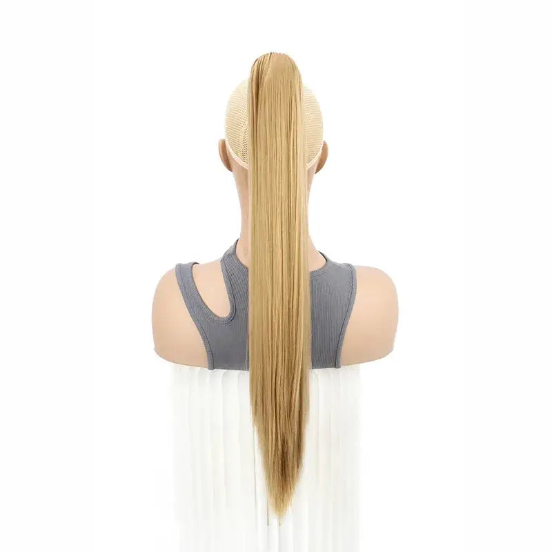 24-inch clip-on ponytail hair extension, synthetic long straight, heat-resistant, blonde