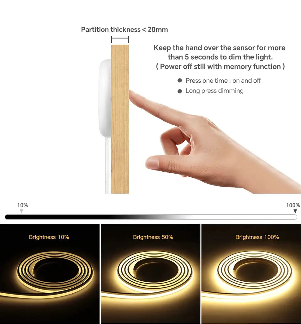 Self-Adhesive COB LED under-cabinet lamp by Simples Market; touch-dim silicone gel neon tape, available in 2m–10m