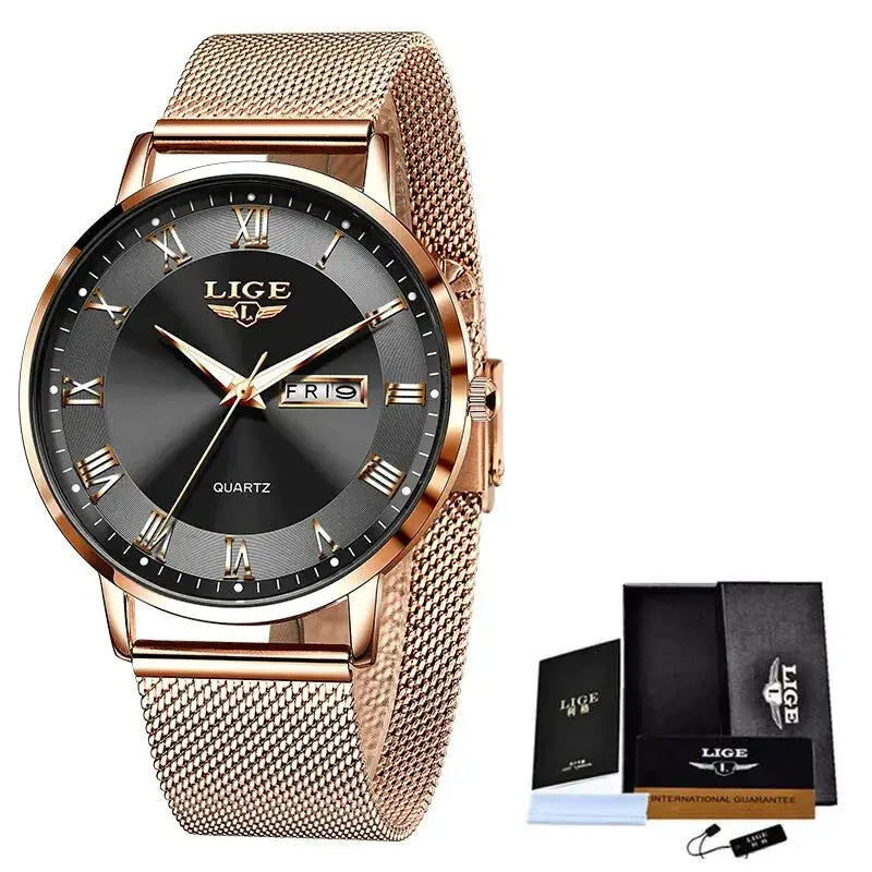 LIGE women's rose gold steel mesh watch with black dial, Roman numerals, day/date window and included box