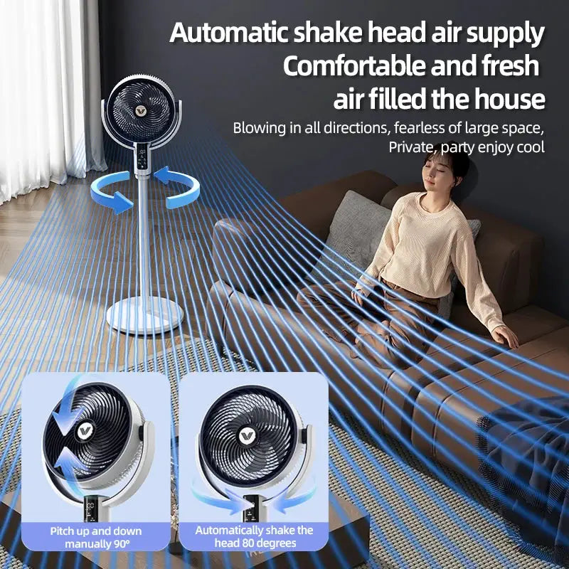 Simples Market floor pedestal fan with remote, rechargeable DC 12V, 9000mAh battery in living room