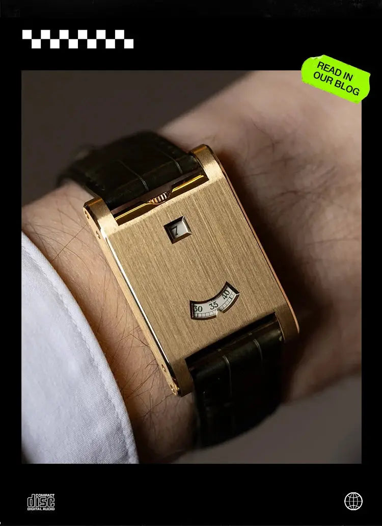 Gold-tone square tank watch with black leather strap and small date window