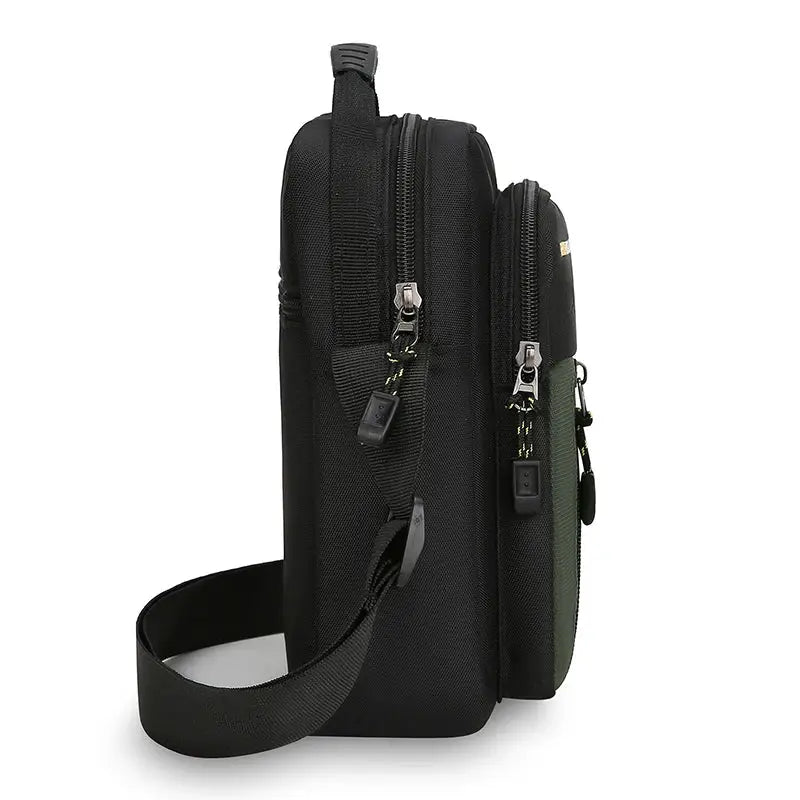 Men's oxford crossbody bag showcasing its sleek design and spacious compartments from the side view.
