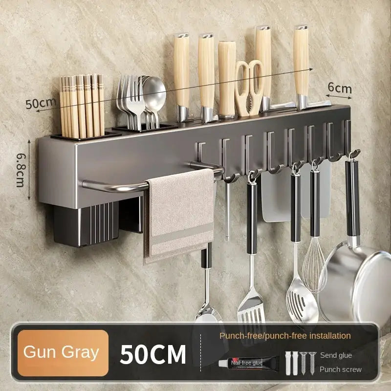 Tool-free kitchen shelf wall-mounted utensil organizer in gun gray, 50cm long with hooks for knives and chopsticks