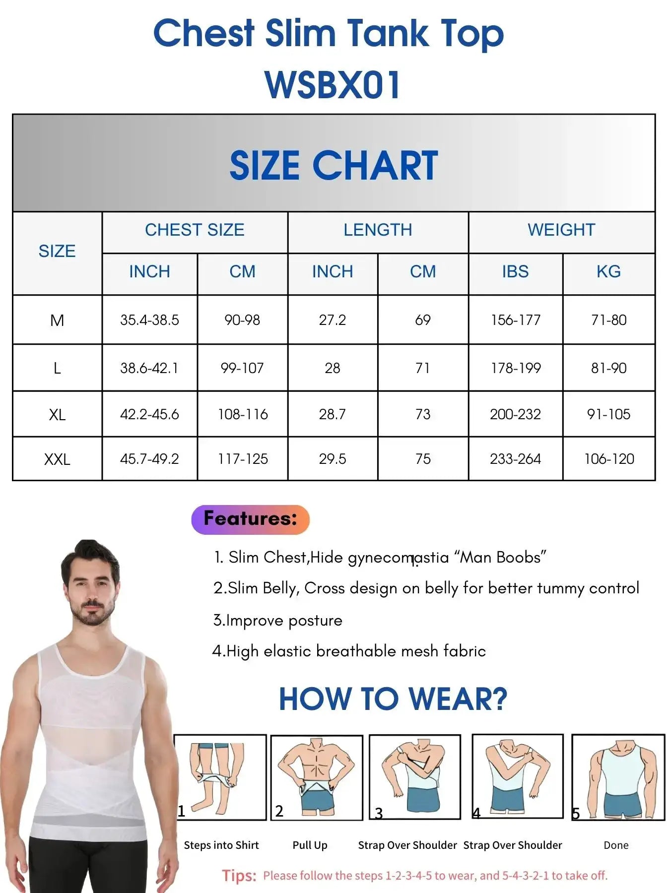 Men's white chest compression tank top, slim fit to hide moobs; Simples Market WSBX01