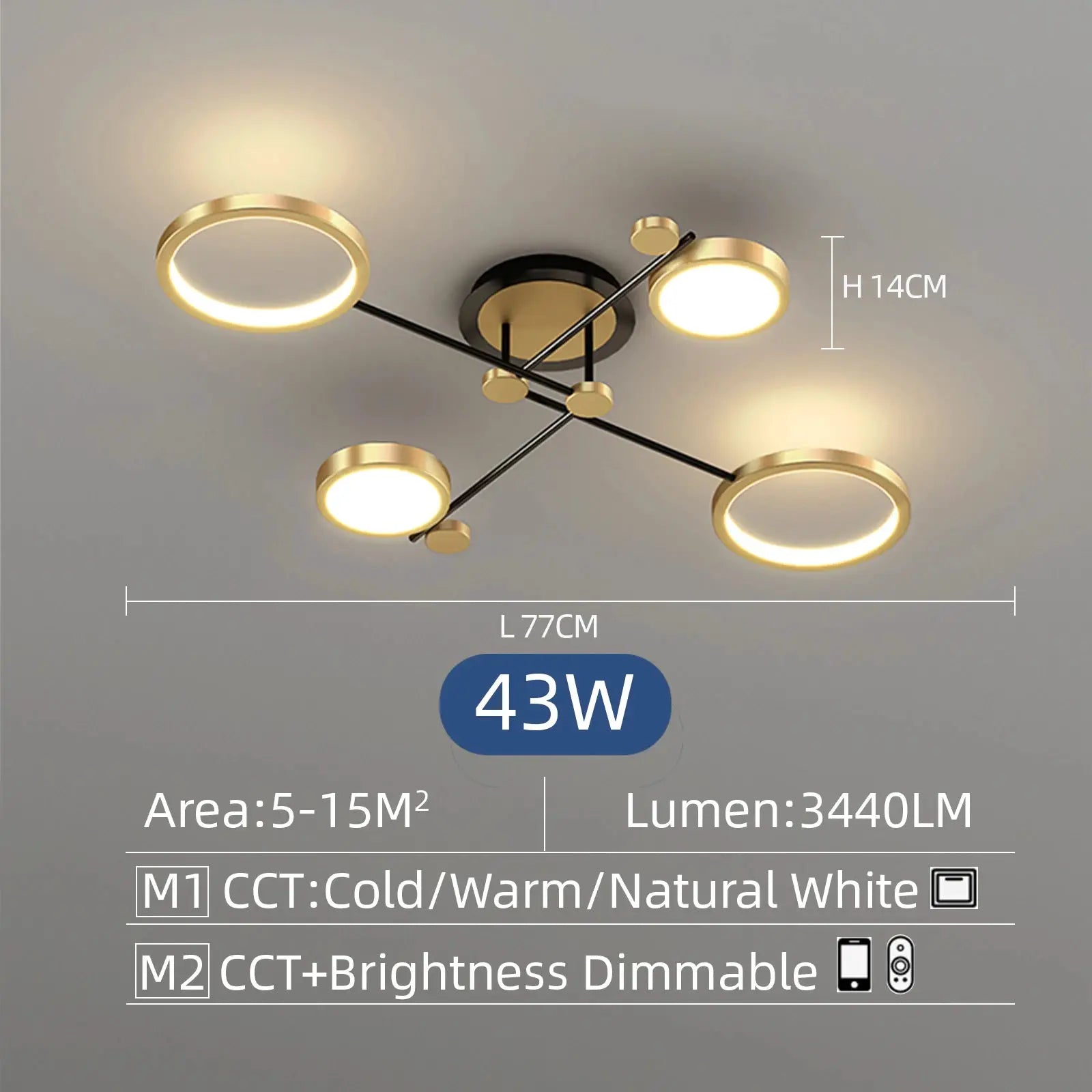 New modern LED chandelier in gold with circular ring lamps and black arms