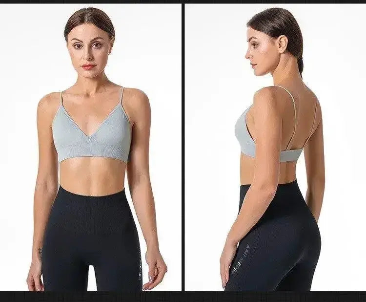 Simples Market V-neck seamless triangle-cup bralette camisole in light gray, front and back views.