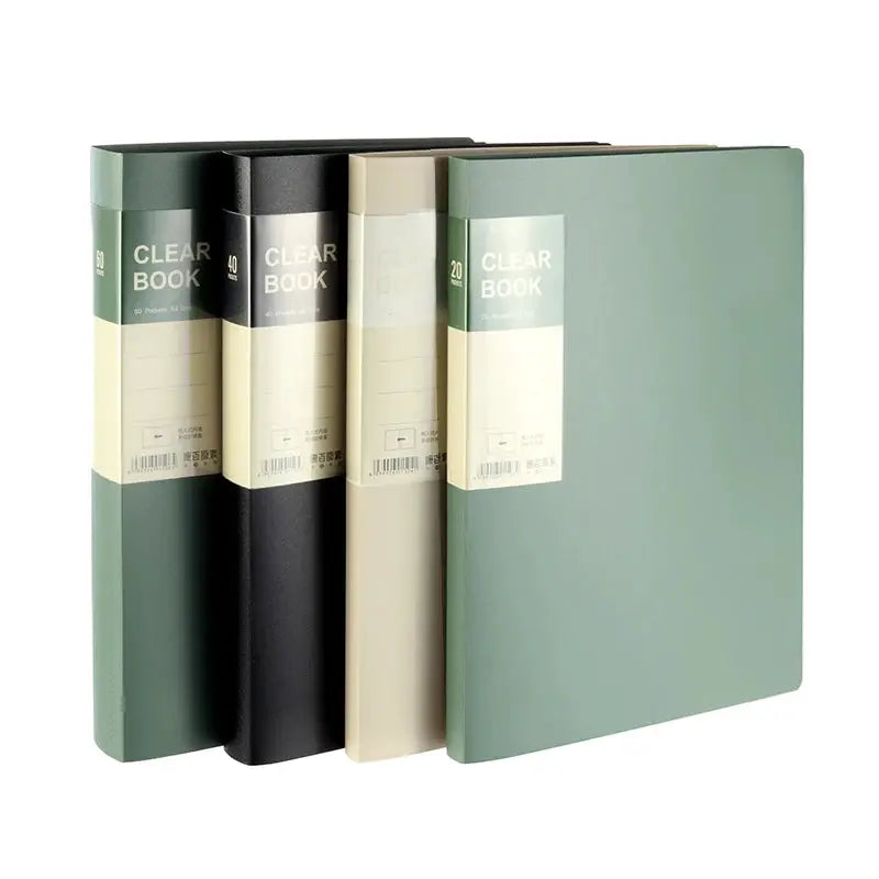 Simples Market A4 side-loading document folder binder set with dividers, 4-pack in green, black, beige and teal.