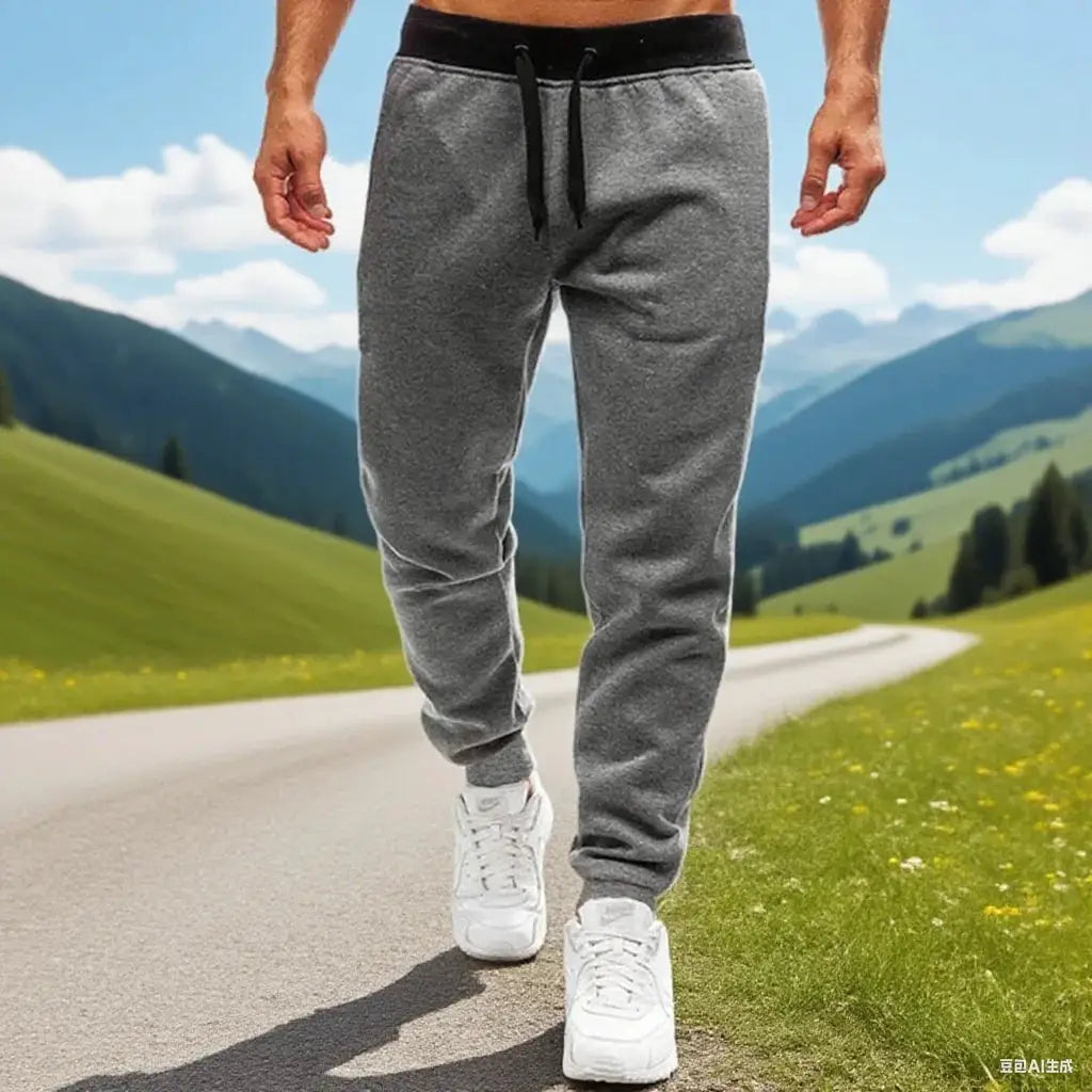 Men's grey loose straight-leg joggers with black drawstring waistband, casual sports pants