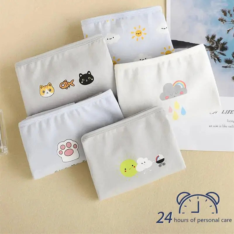 Girls' 5-pack menstrual panties, Simples Market, breathable cotton, leak-proof, cute cartoon prints